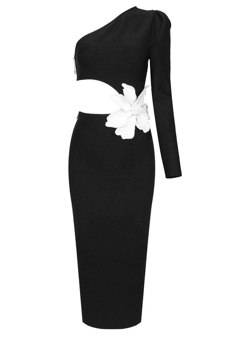 Asymmetrical One Shoulder Flower Applique Cutout Cocktail Party Midi Dress - Black