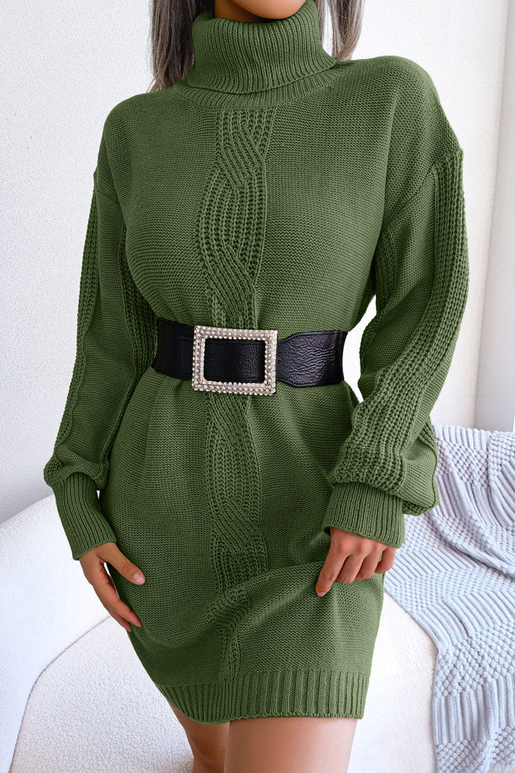 Cosy Winter Turtleneck Pullover Cable Knit Sweater Mini Dress - Army Green