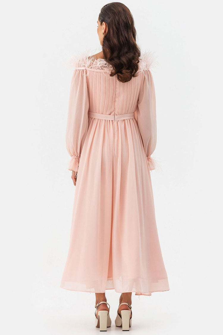Fairytale Feather Trim Off Shoulder Pleated Chiffon Evening Maxi Dress - Pink