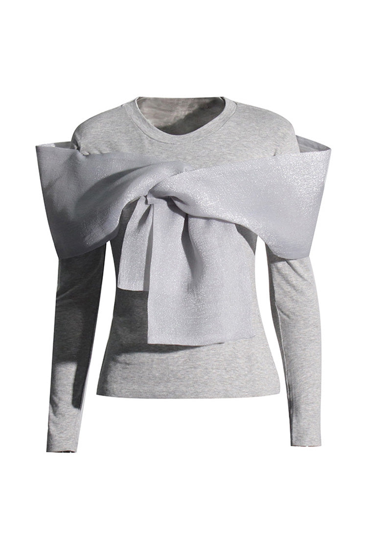 Luxurious Crinkled Big Knot Round Neck Long Sleeve Slim Fit T Shirt
