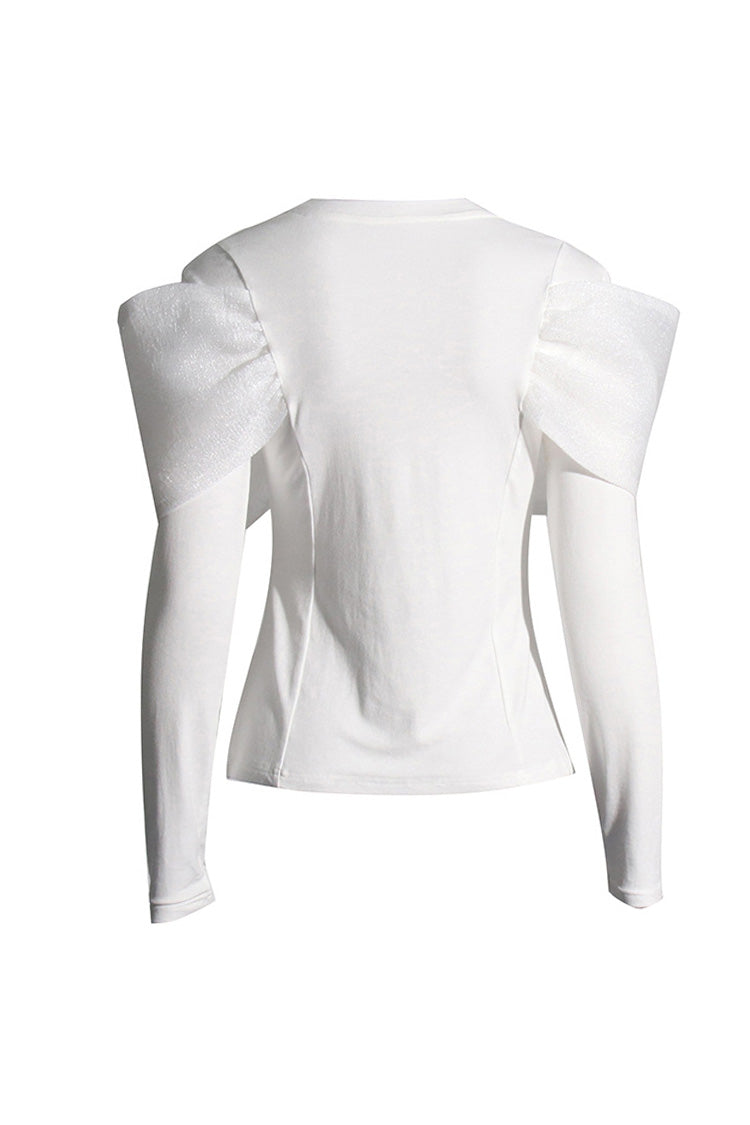 Luxurious Crinkled Big Knot Round Neck Long Sleeve Slim Fit T Shirt