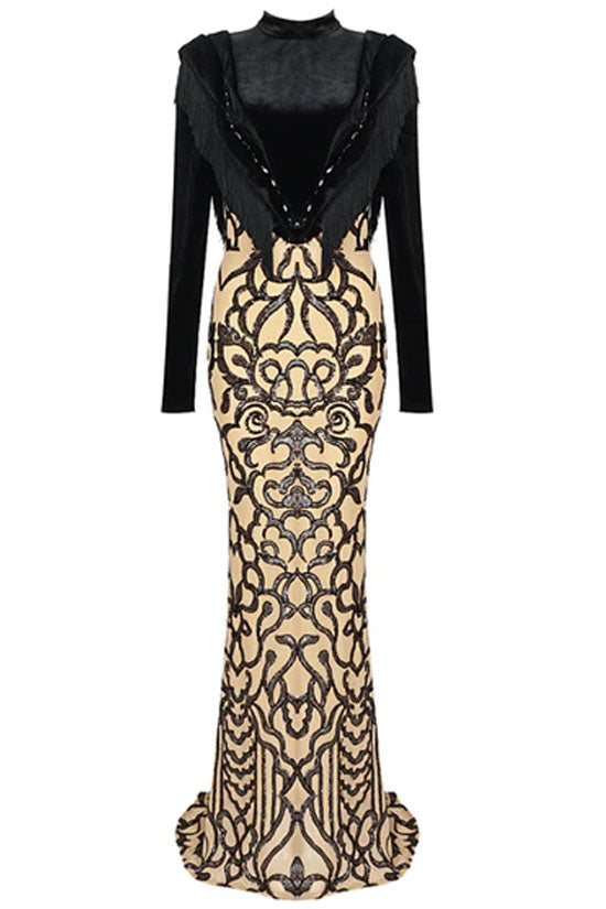 Luxury Fringe Long Sleeve Fishtail Sequin Embellished Maxi Dress - Black