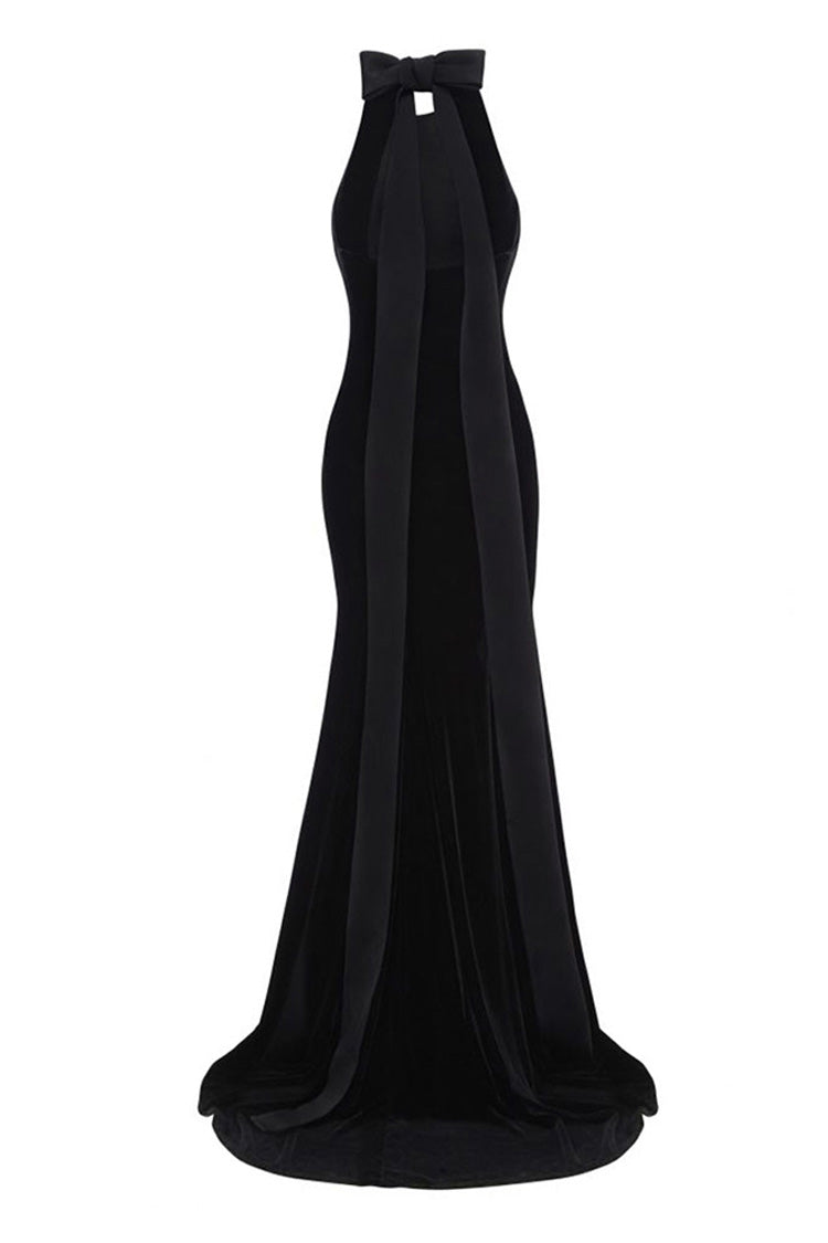 Regal Crew Neck Bow Cut Out Back Sleeveless Fishtail Evening Maxi Dress