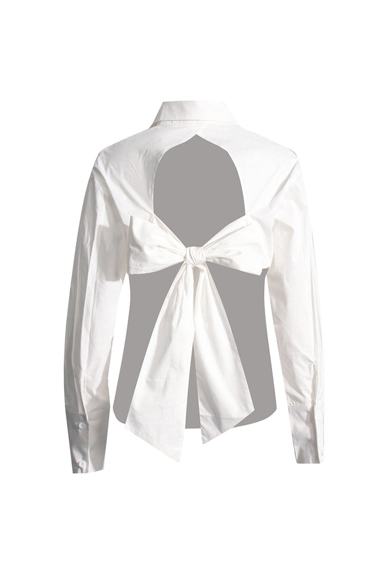 Sexy Bow Tie Trim Cutout Back Long Sleeve Collared Button Down Shirt