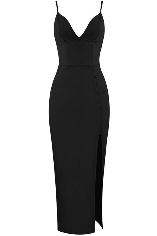 Sexy Deep V High Slit Sleeveless Bandage Cocktail Party Maxi Dress - Black