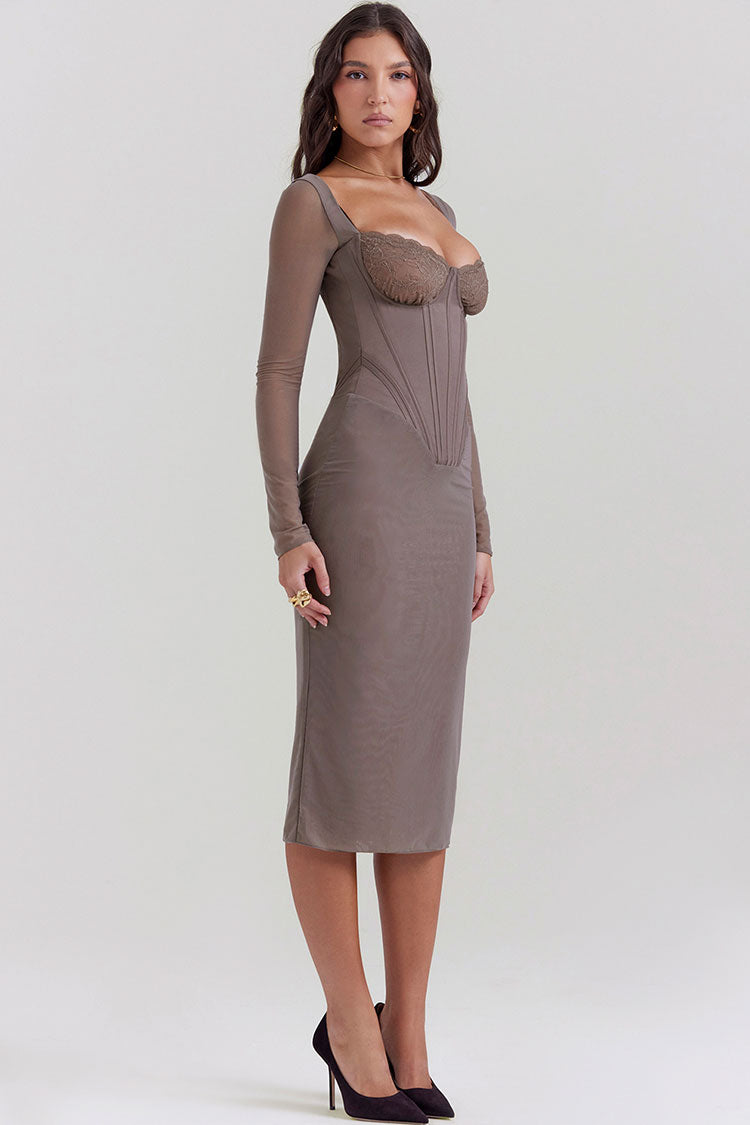 Sexy Lace Sweetheart Mesh Bodycon Mesh Cocktail Midi Dress - Light Khaki