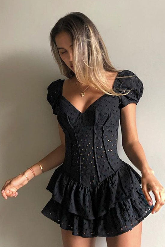 Sexy V Neck Puff Sleeve Broderie Anglaise Ultra Short Ruffle Tiered Dress - Black