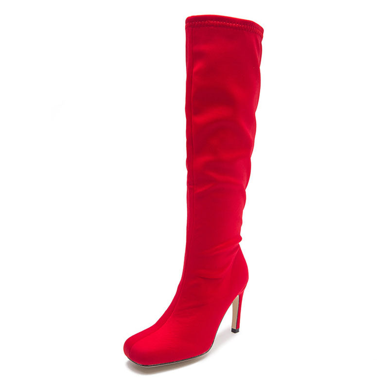 Slouchy Square Toe Side Zipper Stiletto Heel Knee High Boots - Red