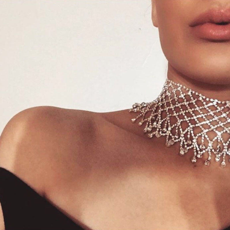 Sparkly Rhinestone Chain Fringe Statement Choker Necklace - Silver