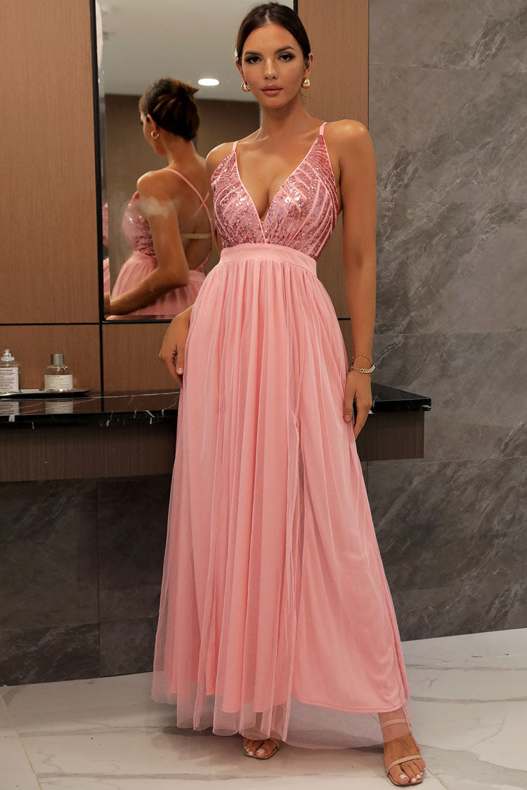 Sparkly Sequined Deep V High Split Backless Evening Maxi Dress - Pink