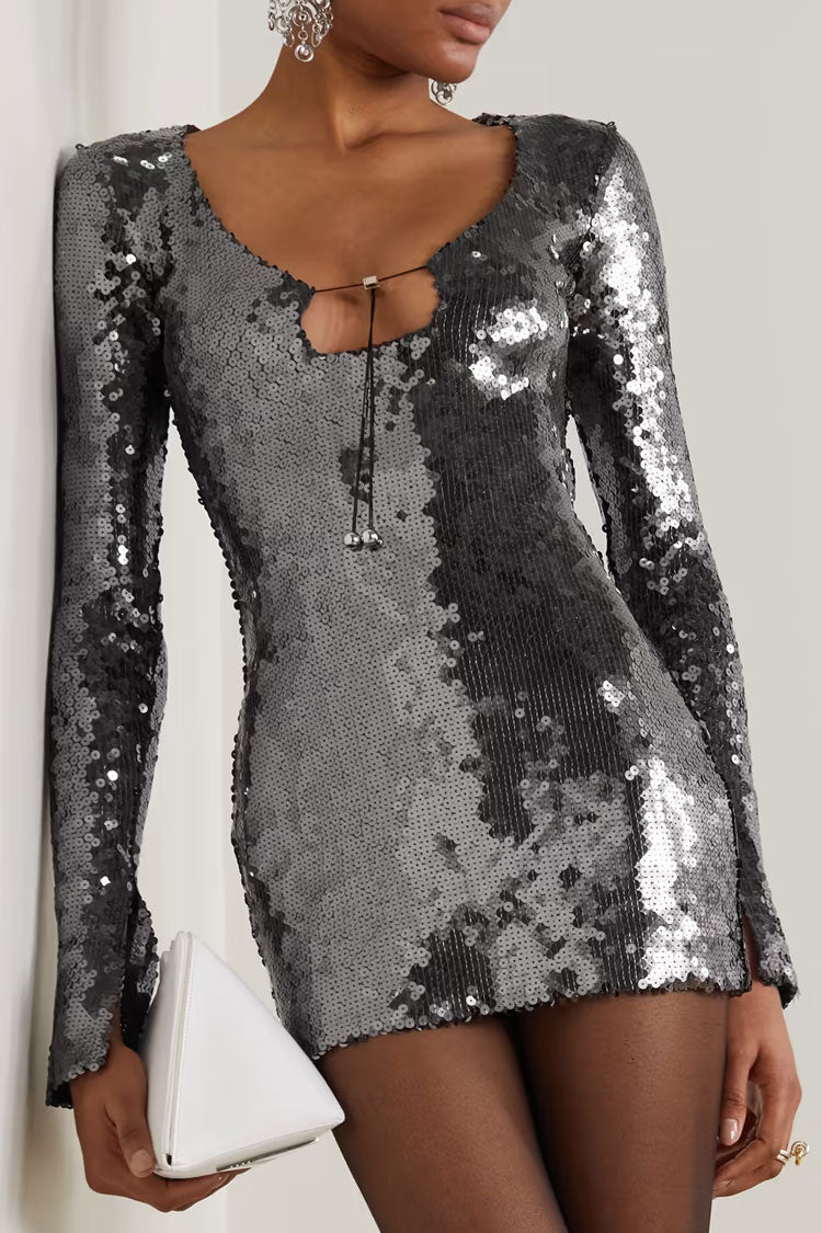 Sparkly Tie Neck Split Sleeve Bodycon Sequin Party Mini Dress - Black Gray