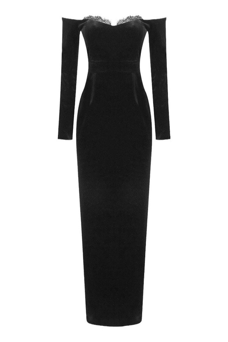 Vintage Eyelash Off Shoulder Long Sleeve Bodycon Velvet Maxi Evening Dress