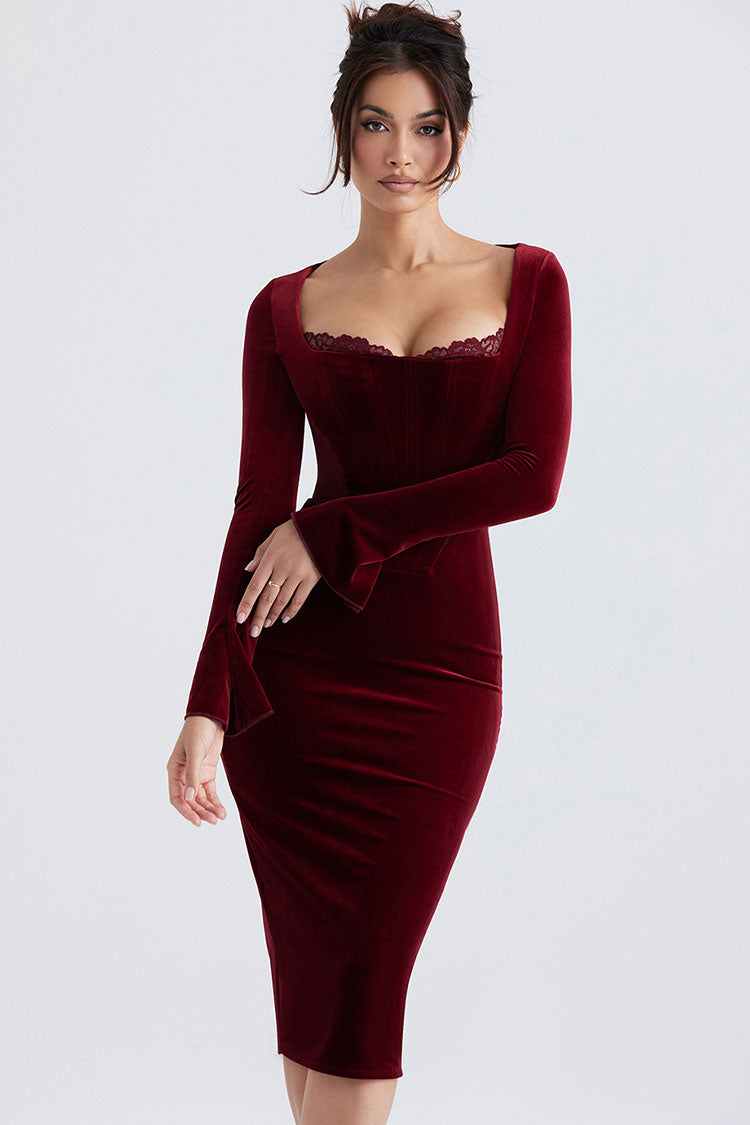 Vintage Lacey Neck Long Sleeve Mesh Velvet Corset Cocktail Midi Dress - Burgundy